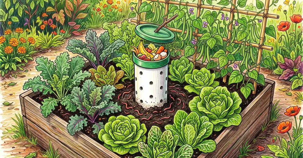 Raised vegetable bed with a perforated worm tower sunk into the soil at its centre, surrounded by lettuce, kale and beans in summer