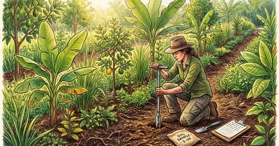 Grower taking a soil core sample in a young syntropic agroforestry row with dense mixed planting rows stretching behind