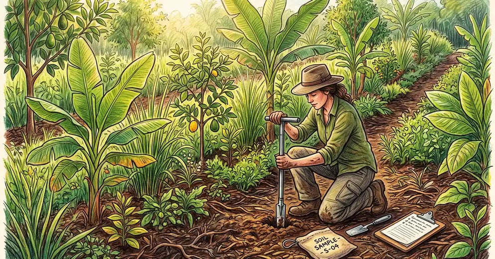 Grower taking a soil core sample in a young syntropic agroforestry row with dense mixed planting rows stretching behind