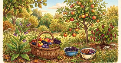 Late summer food forest harvest with baskets of apples, plums, blackberries, elderberries and hazelnuts beneath a dwarf apple tree