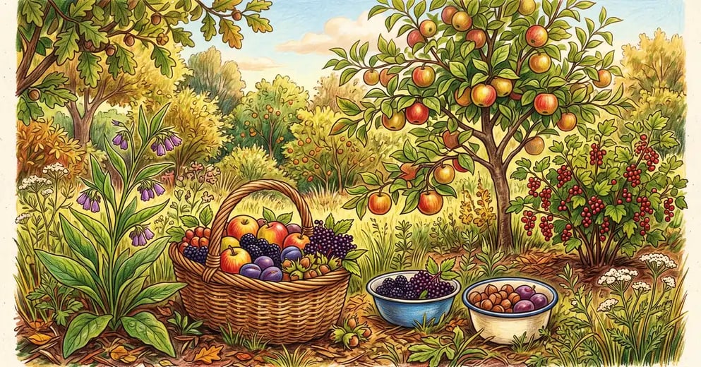 Late summer food forest harvest with baskets of apples, plums, blackberries, elderberries and hazelnuts beneath a dwarf apple tree