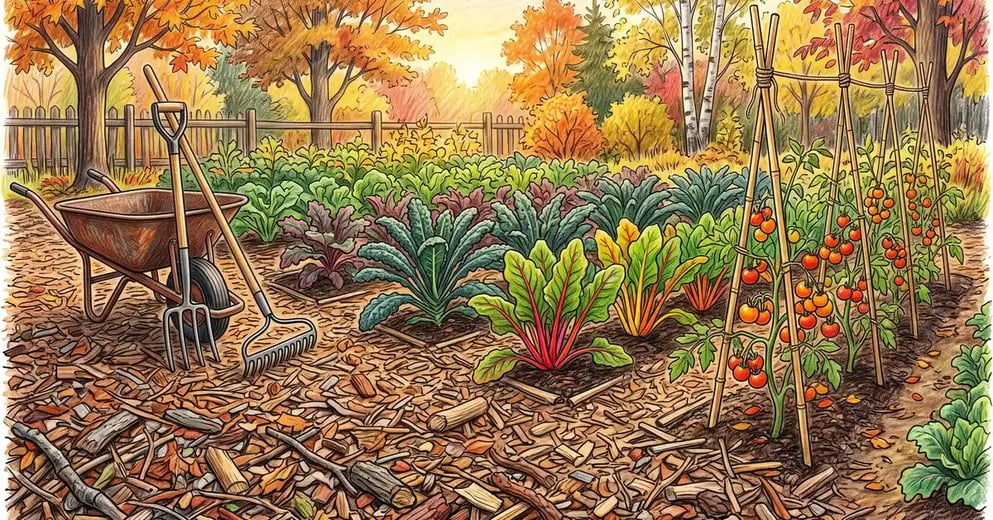 Backyard vegetable garden in autumn covered with a thick layer of arborist wood chips, with kale and chard growing through planting pockets