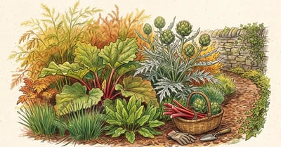 Established perennial vegetable bed in autumn with asparagus ferns, rhubarb, globe artichoke and sorrel, and a basket of harvested stalks