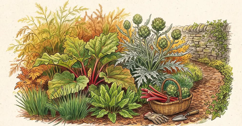 Established perennial vegetable bed in autumn with asparagus ferns, rhubarb, globe artichoke and sorrel, and a basket of harvested stalks