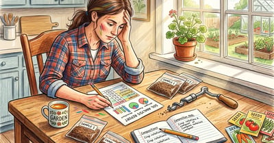Gardener at a kitchen table studying a printed soil test report beside a bag of soil sample, a soil probe and a garden notebook