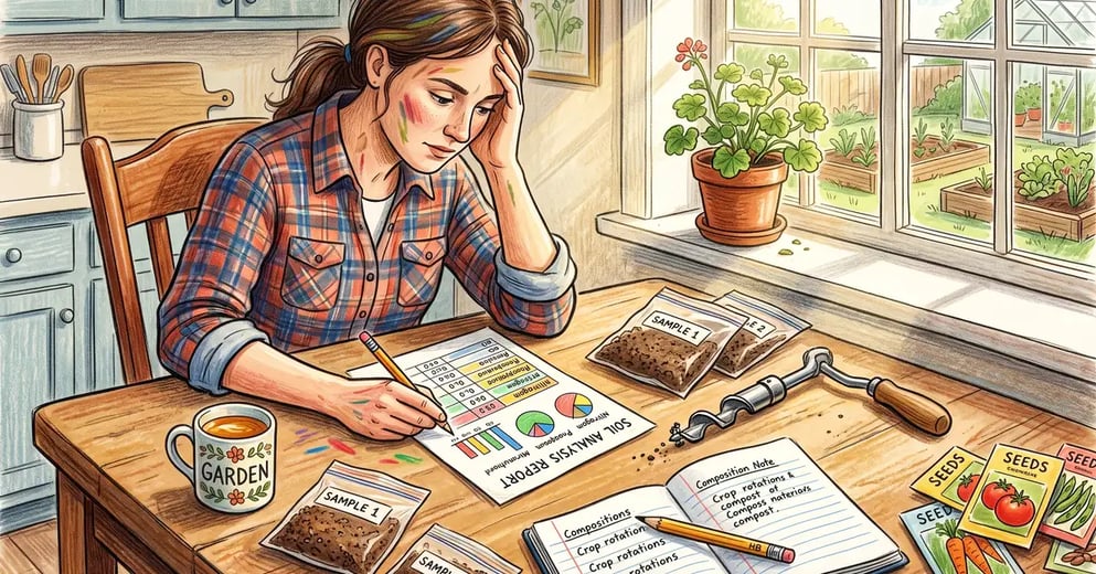 Gardener at a kitchen table studying a printed soil test report beside a bag of soil sample, a soil probe and a garden notebook