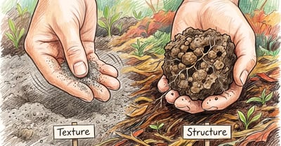 Two hands comparing soil texture and structure, one rubbing fine particles and one holding a crumbly clod of dark aggregated soil