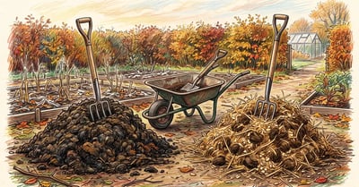 Two heaps of well-rotted manure side by side, dark fine-textured cow manure on the left and looser straw-threaded horse manure on the right