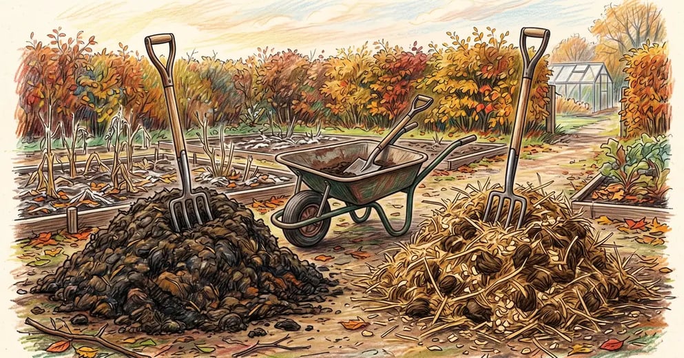 Two heaps of well-rotted manure side by side, dark fine-textured cow manure on the left and looser straw-threaded horse manure on the right