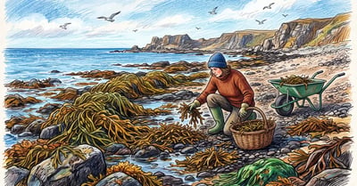 Gardener gathering loose beach-cast seaweed into a basket along a rocky shoreline at low tide with a wheelbarrow waiting above