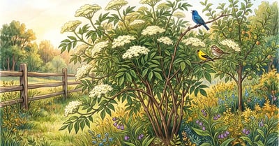 American elderberry shrub in full white bloom at the edge of a backyard food forest with songbirds perched among the branches
