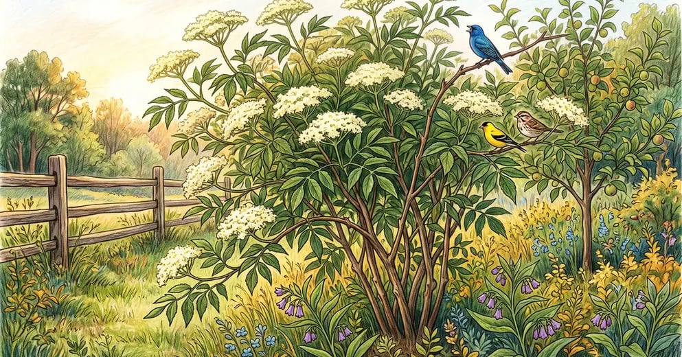 American elderberry shrub in full white bloom at the edge of a backyard food forest with songbirds perched among the branches