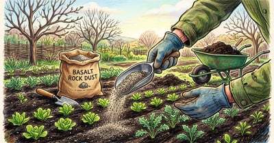 Gardener scattering fine basalt rock dust over a dark garden bed of seedlings, with a sack of rock powder and a wheelbarrow of compost nearby