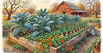 Frost-touched Lacinato kale in a raised bed interplanted with onions, white clover and nasturtiums on a homestead in late autumn