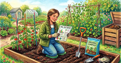 Gardener kneeling in a vegetable bed reading a printed soil test report beside a soil probe, trowel and bag of compost