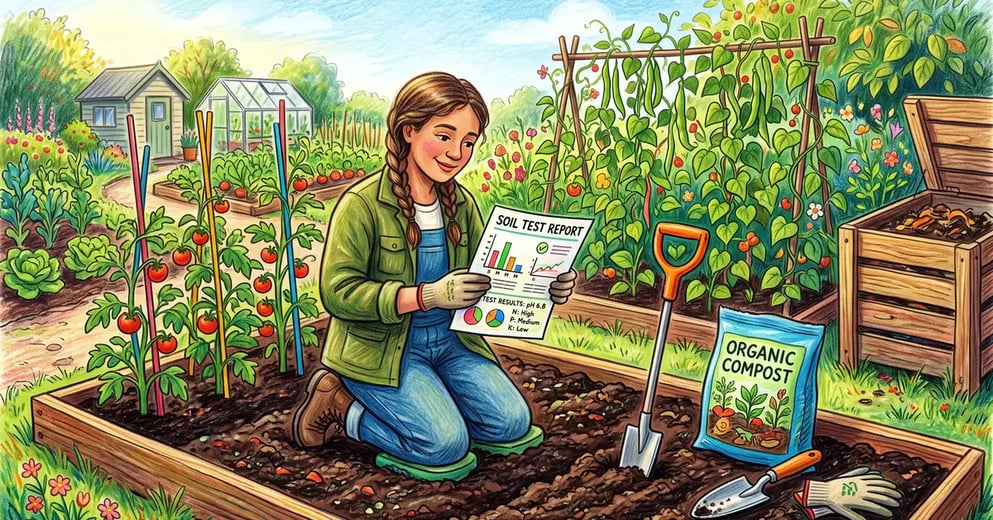 Gardener kneeling in a vegetable bed reading a printed soil test report beside a soil probe, trowel and bag of compost