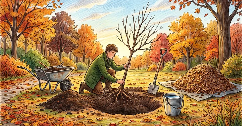 Gardener planting a young bare-root fruit tree in a wide shallow autumn planting hole with mulch and a watering bucket nearby