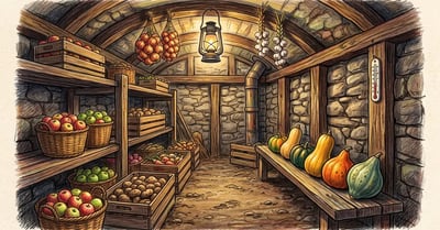 Interior of a traditional root cellar with slatted shelves of apples, crates of potatoes, hanging onions and garlic and winter squash on a bench