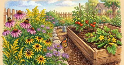 Native pollinator border of coneflower, black-eyed Susan and goldenrod blooming beside a raised vegetable bed with bees and a monarch butterfly