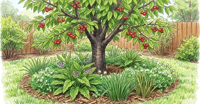 Backyard cherry tree underplanted with a guild of comfrey, white clover and daffodils inside a wood chip mulch ring