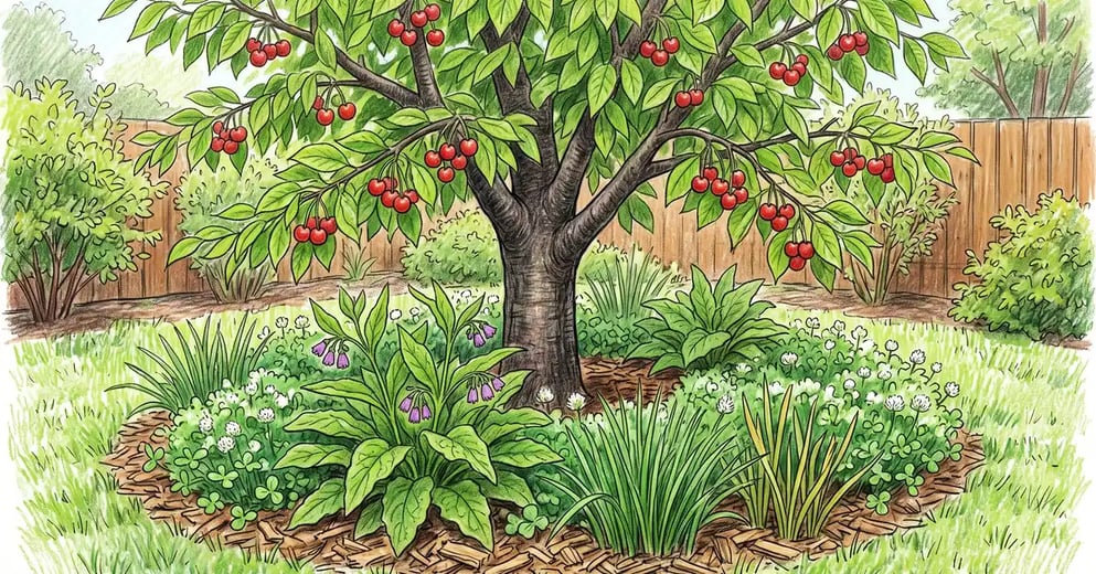 Backyard cherry tree underplanted with a guild of comfrey, white clover and daffodils inside a wood chip mulch ring