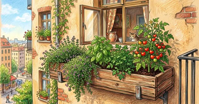 Wooden window box below a sunny apartment window planted with trailing thyme, basil, parsley and a compact cherry tomato