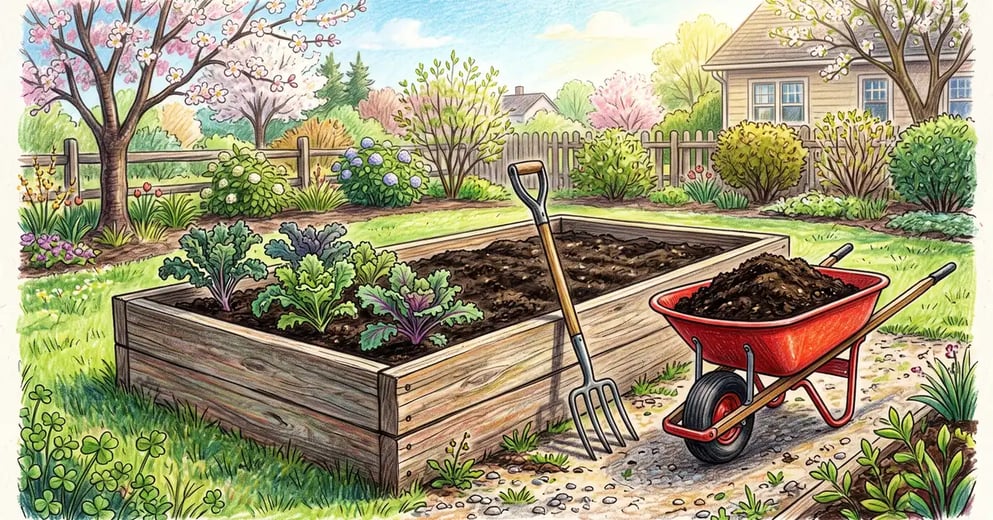 Wooden raised garden bed in early spring with settled soil below the top boards and a wheelbarrow of dark compost alongside