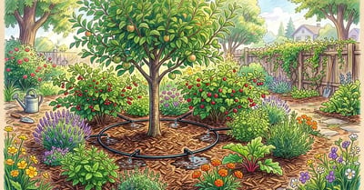 Backyard food forest with a drip irrigation line circling a young apple tree at the dripline, wetting the wood chip mulch