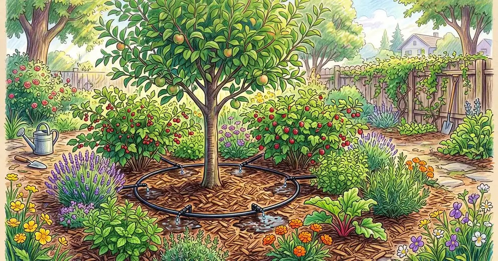Backyard food forest with a drip irrigation line circling a young apple tree at the dripline, wetting the wood chip mulch