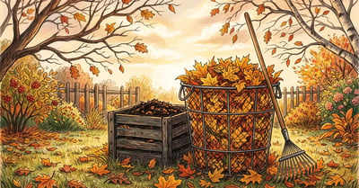 Wire mesh leaf bin filled with fallen maple and oak leaves beside a second bin of dark finished leaf mold in an autumn garden