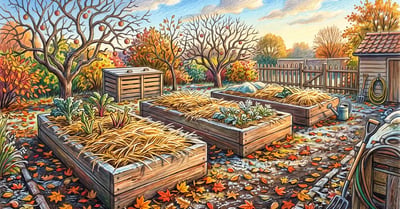 Three cedar raised garden beds covered with golden straw mulch under morning frost in a late autumn backyard vegetable garden