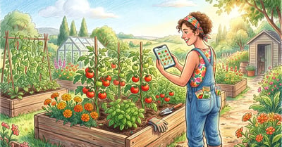 Gardener beside a raised vegetable bed holding a smartphone showing a grid garden plan, comparing it to tomatoes and marigolds growing in the bed