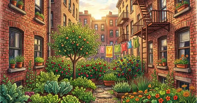 Narrow city backyard planted in layers with a dwarf fruit tree, berry shrubs and herbs between brick apartment buildings