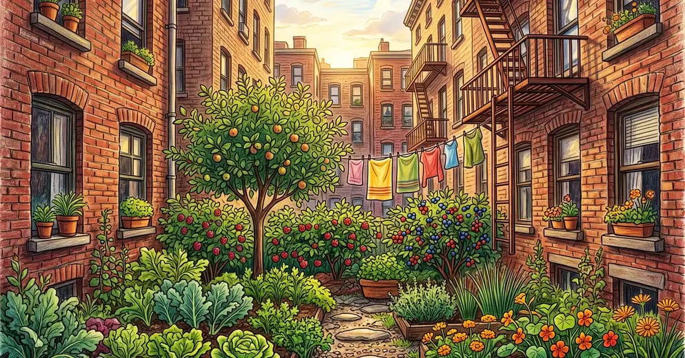 Narrow city backyard planted in layers with a dwarf fruit tree, berry shrubs and herbs between brick apartment buildings