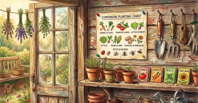 Printed companion planting chart pinned to a weathered wooden garden shed wall beside hanging hand tools and terracotta pots