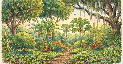 Layered subtropical Florida food forest with mango and avocado canopy, banana and papaya beneath, guava shrubs and sweet potato ground cover