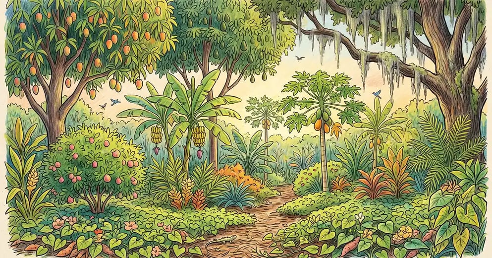 Layered subtropical Florida food forest with mango and avocado canopy, banana and papaya beneath, guava shrubs and sweet potato ground cover