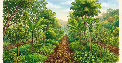 Dense syntropic agroforestry row in a humid subtropical climate with banana, papaya, mulberry and moringa above thick freshly cut mulch