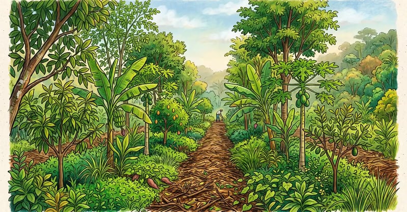 Dense syntropic agroforestry row in a humid subtropical climate with banana, papaya, mulberry and moringa above thick freshly cut mulch