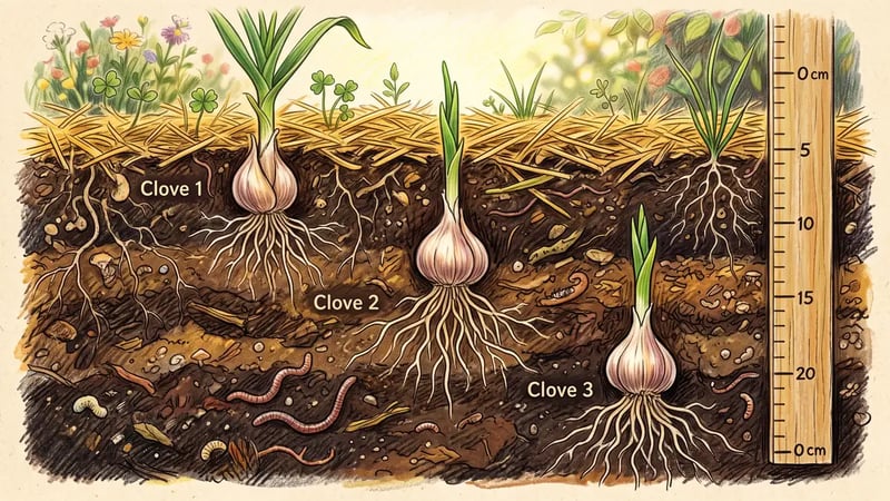 Cross-section of a garden bed showing garlic cloves planted at correct depth with roots reaching down through dark soil under straw mulch