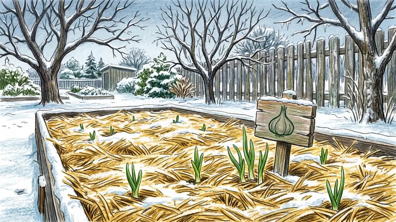 Garlic bed blanketed in straw mulch under light snow with green shoots emerging, showing winter protection for fall-planted garlic