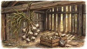 Freshly harvested garlic bundled and hanging to cure from a wooden beam in a shaded shed with soil still on the roots