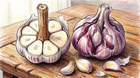 Hardneck garlic bulb cut open showing one ring of cloves around a woody stalk beside a softneck bulb with layered cloves
