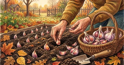 Gardener pressing garlic cloves into dark autumn soil beside a basket of hardneck garlic bulbs and fallen leaves