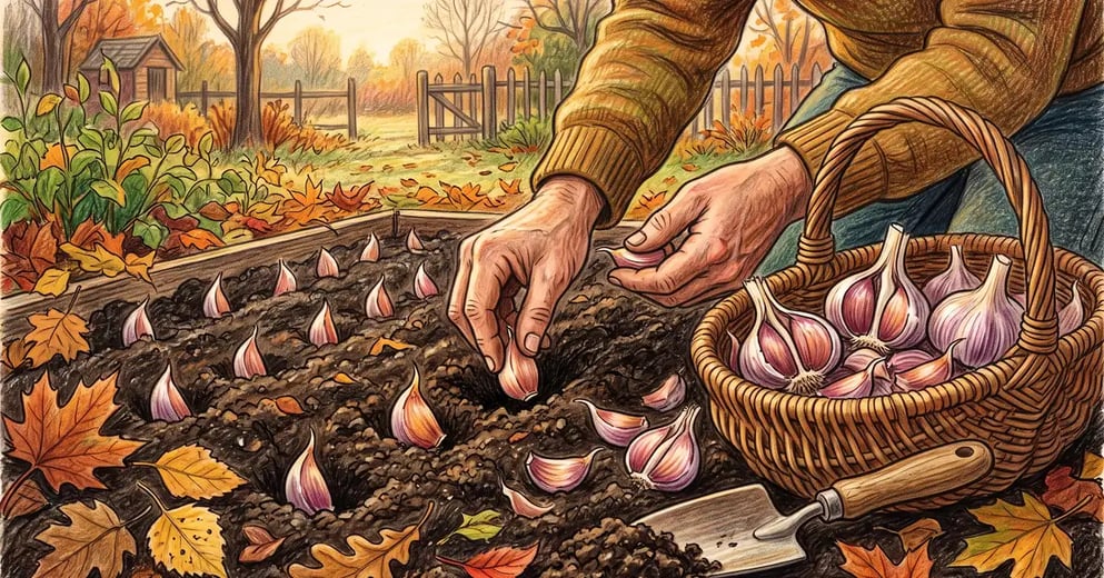 Gardener pressing garlic cloves into dark autumn soil beside a basket of hardneck garlic bulbs and fallen leaves