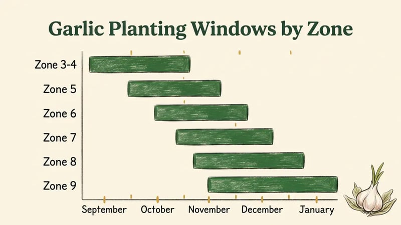 Infographic showing garlic planting windows by USDA hardiness zone from zone 3 through zone 9 across September to January