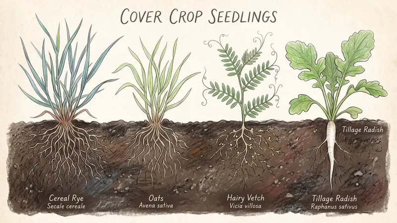 Botanical illustration comparing cereal rye, oats, hairy vetch and tillage radish seedlings with their root systems at different soil depths