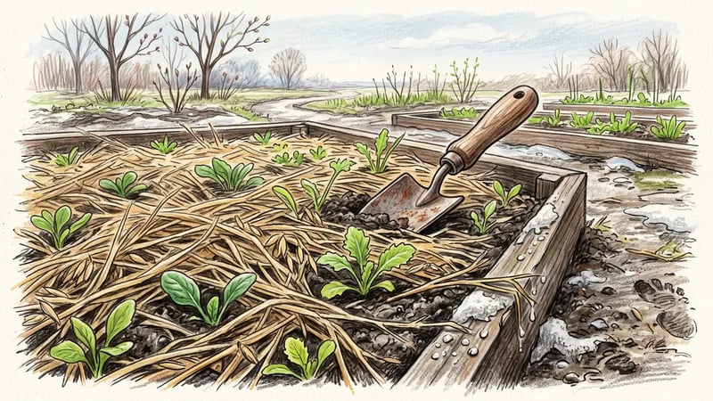 Spring garden bed covered in flattened straw-coloured winter-killed oat residue with young vegetable seedlings emerging through the mulch