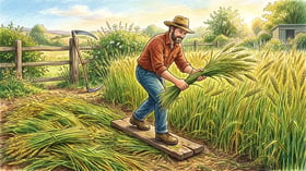 Gardener crimping a tall stand of cereal rye flat with a wooden board underfoot to terminate the cover crop in late spring