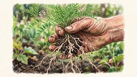 Hairy vetch roots held in a hand showing pink nitrogen-fixing nodules along the pale root system with soil clinging on